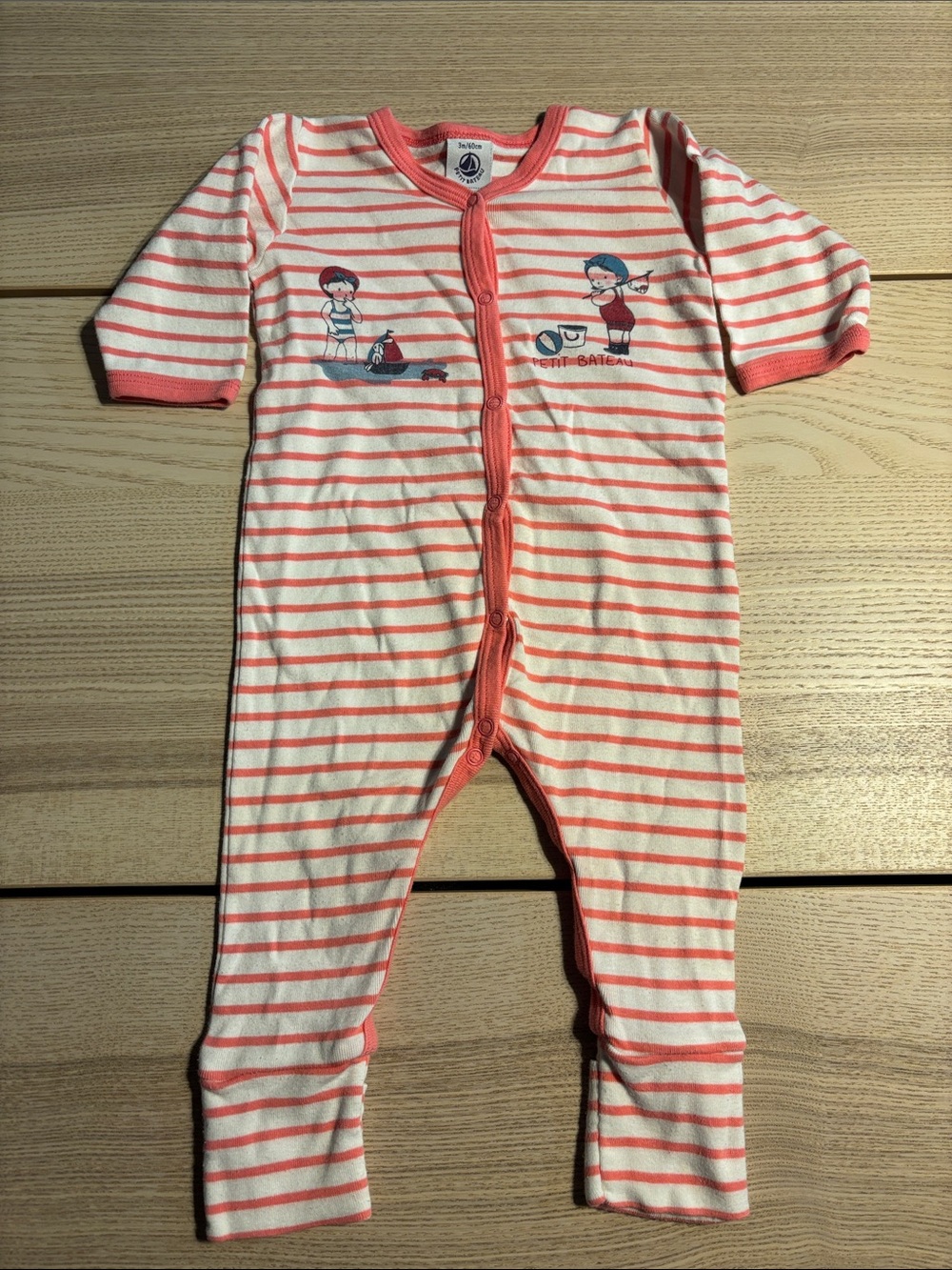 Petit Bateau Coral & White Striped Baby Footie
